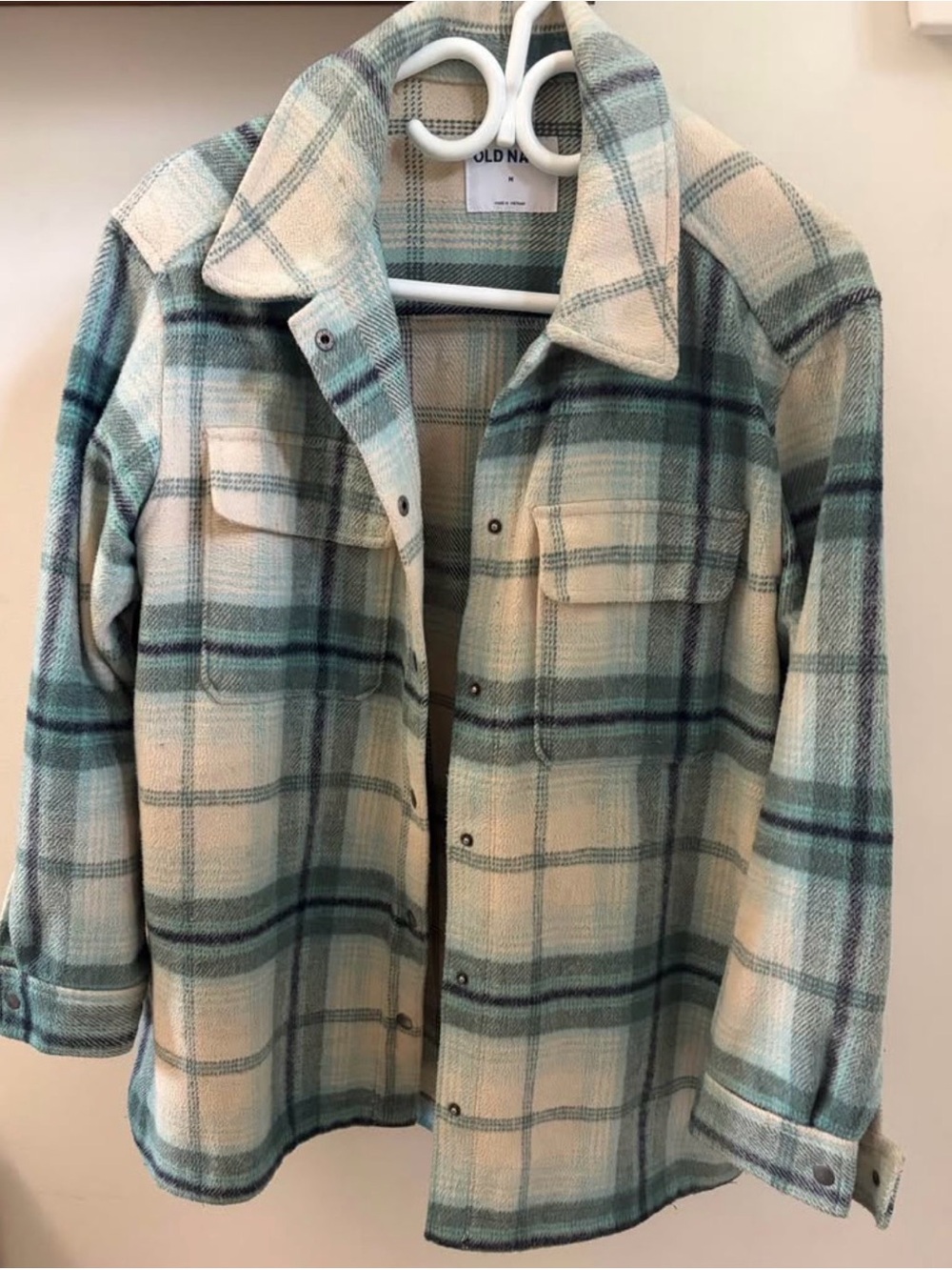 Old Navy Cream & Teal Plaid Utility Shacket